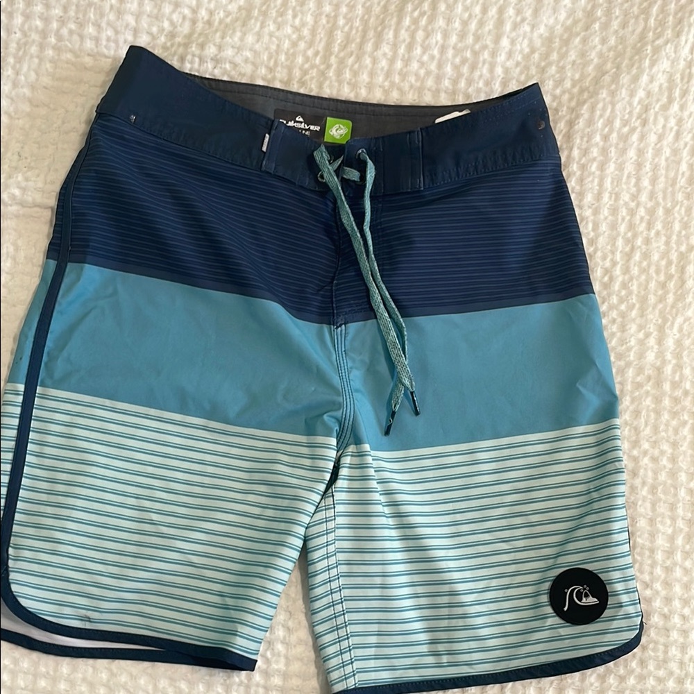 Quiksilver Navy, Teal and Light Blue Striped Boardshorts